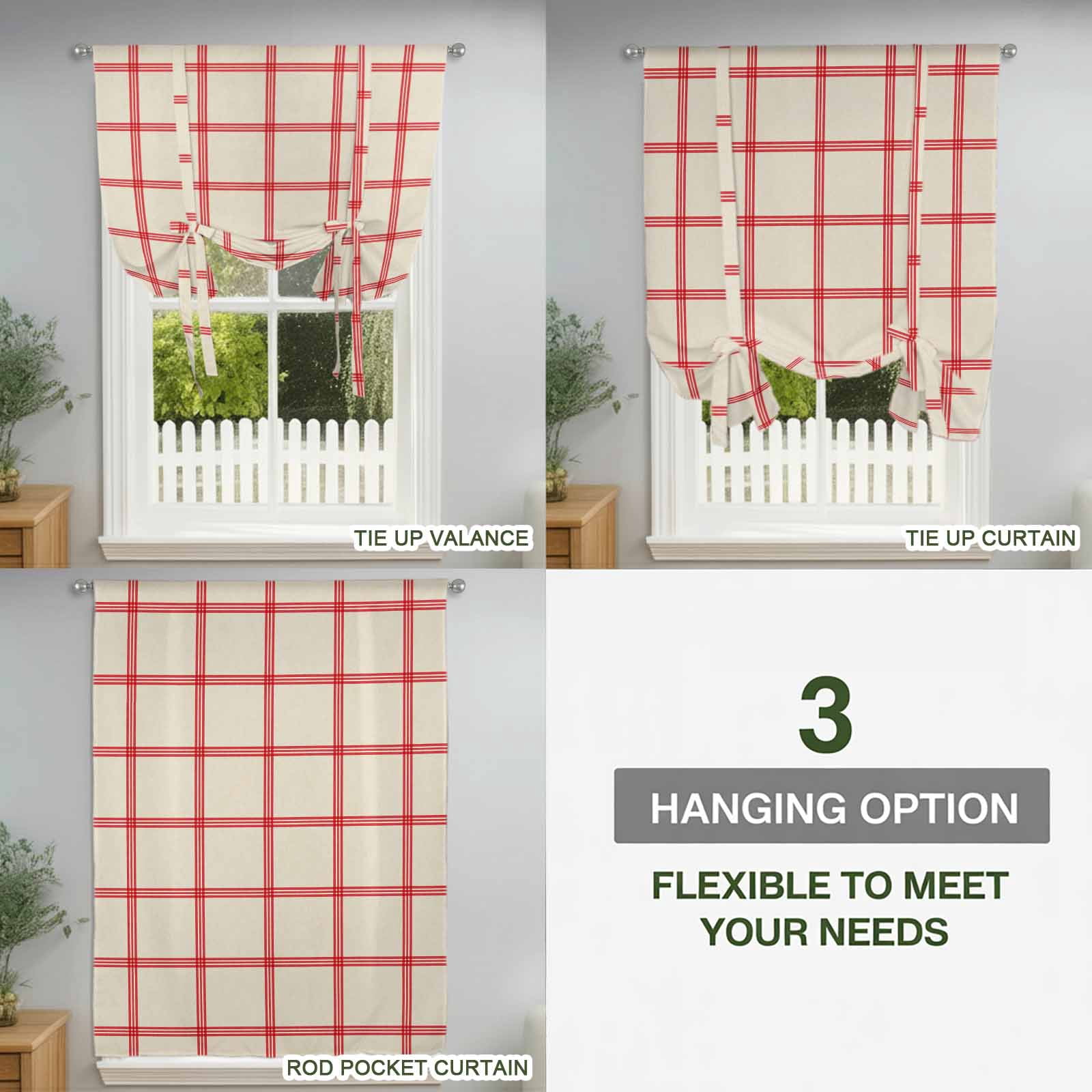 Yellow Buffalo Plaid Balloon Curtains 63 Inch Length for Living Room/Bedroom, Red Lines Grid Pattern Vintage Rod Pocket Privacy Door Curtains Decorative Tie Up Shade for Window 52"x63"