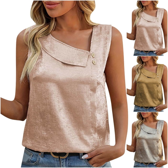 JDQJBZ Womens Tank Tops Solid Color V Neck Sleeveless Button Down Casual Shirt Asymmetric Collar