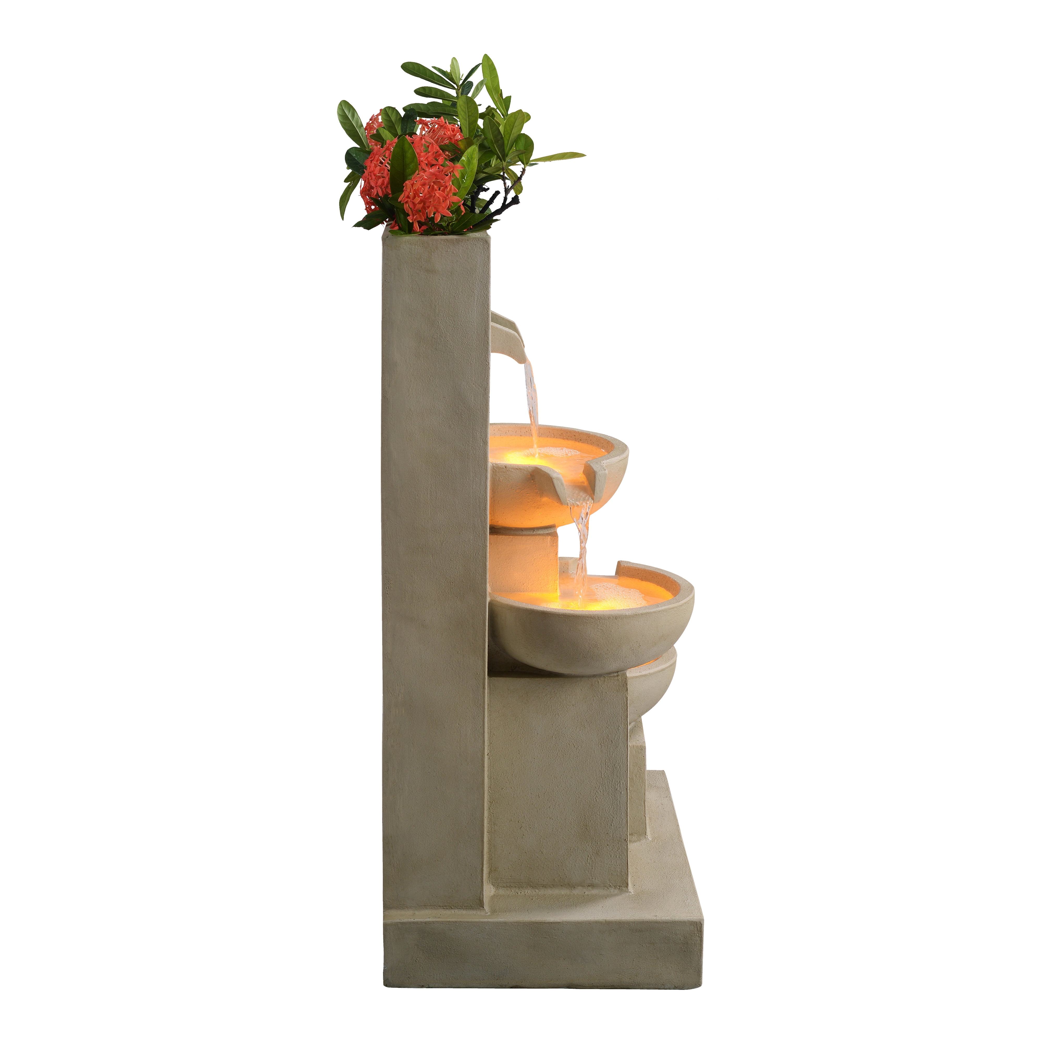 Teamson Home 3-Tier Cascading Outdoor Water Fountain with Planter & LED Lights, Natural
