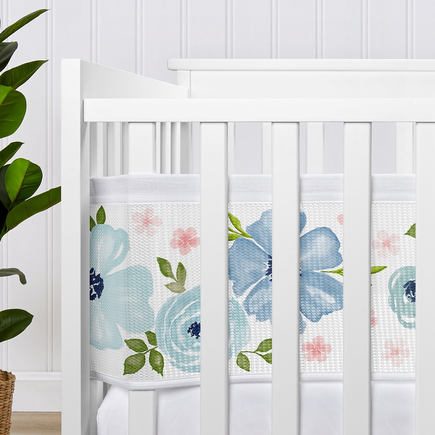 Sweet Jojo Designs + BreathableBaby Watercolor Floral Blue Pink White Breathable Mesh Crib Liner Pad