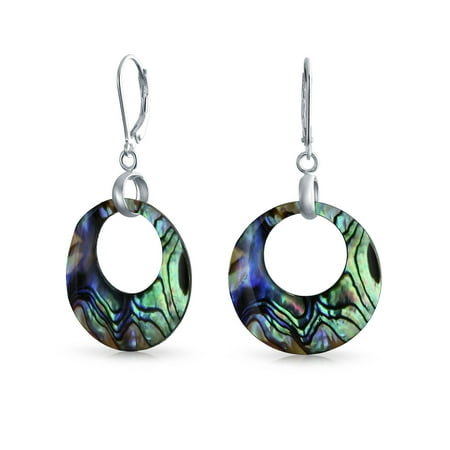 Round Shell Earrings - Rainbow Iridescent Abalone Round Open Circle Hoop Leverback Earrings For Women 925 Sterling Silver