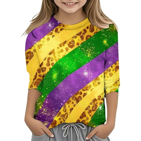 Tfken Mardi Gras Girls Shirts Stripe Print Crew Neck 3/4 Sleeve Girls Carnival Fashion Casual Tee Kids Cute Tshirts Gold Size 3-4 Years
