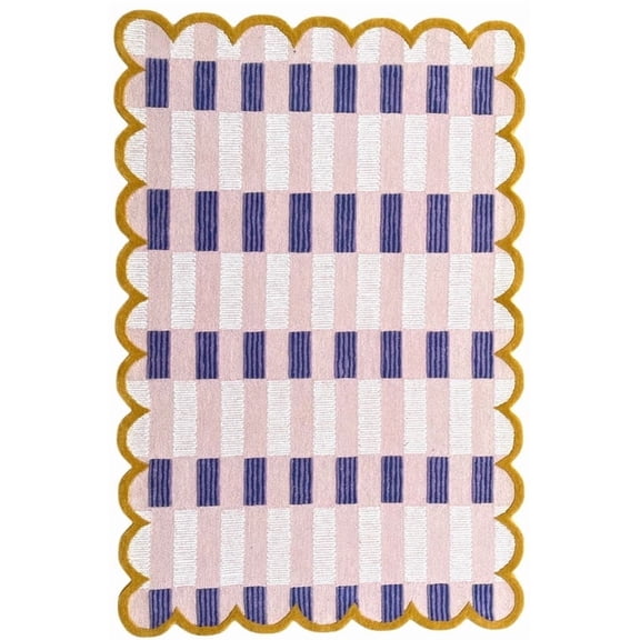 Artcore Matilda Hand Tufted Plaid Wool Area Rug with Scalloped Border, Cotton Backing, Indoor Rug for Living Room & Bedroom, 3 x 5 ft