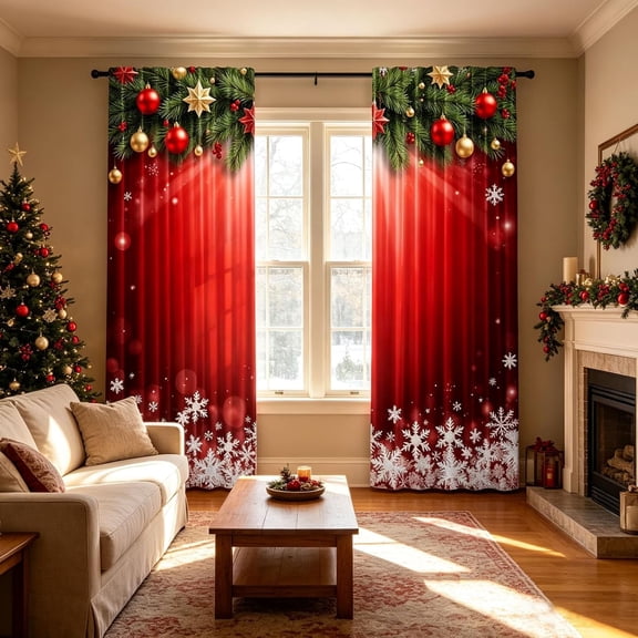 Christmas Curtains, Christmas Ball Holiday Printed Curtains,2 Pcs Christmas Curtains Ball Snowflake Print Window Drapes, Merry Christmas Curtains for Kitchen Living Room
