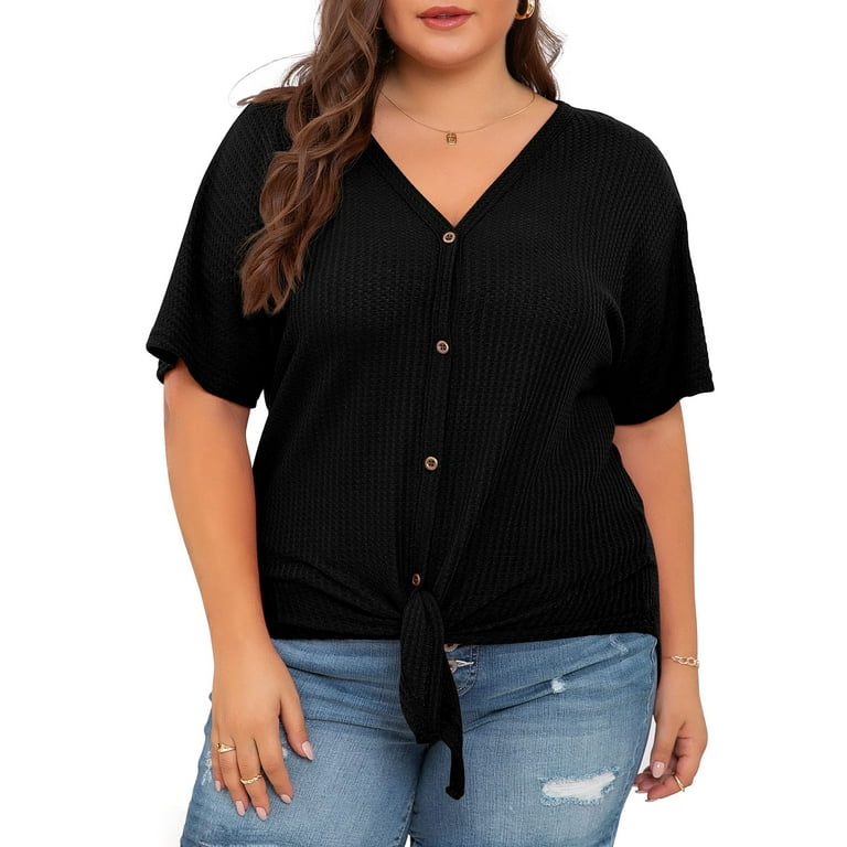 Cueply Plus Size Tops -Dressy Casual Blouse Waffle Knit Lace Short