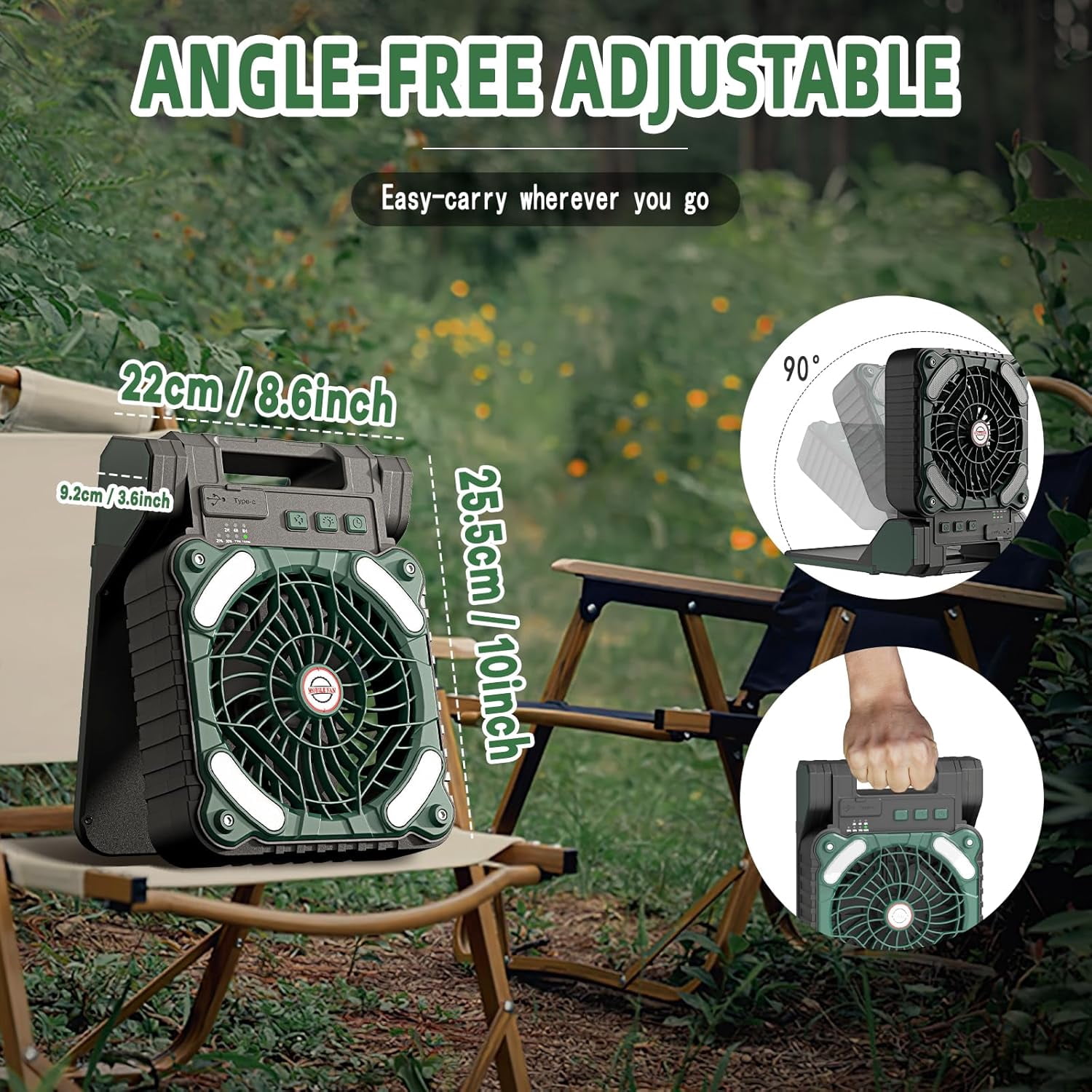 Solar Camping Fan with Light, 4 Speeds USB Rechargeable Solar Powered Fan with Timer, 90° Folding Portable Desk Fan with Power Bank Feature for Hurricane Outages Outdoor Camping Fishing Travel BBQ