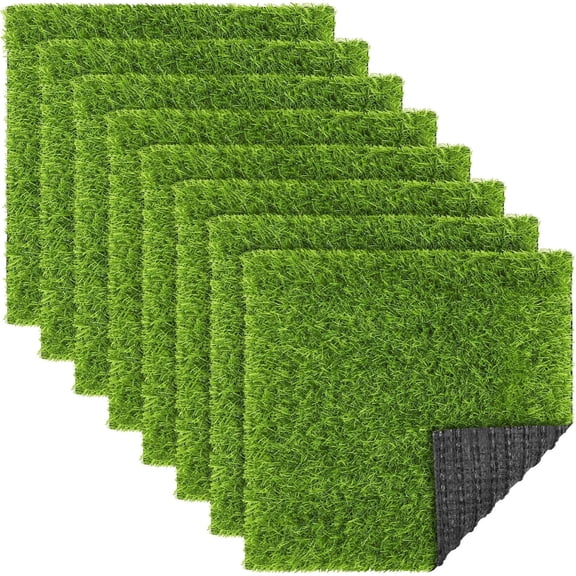 TURSTIN 8 Packs 12 x 12 inch Artificial Grass Squares, Synthetic Turf Mats with Drainage Holes, Realistic Fake Grass Rug for Garden DIY Decoration