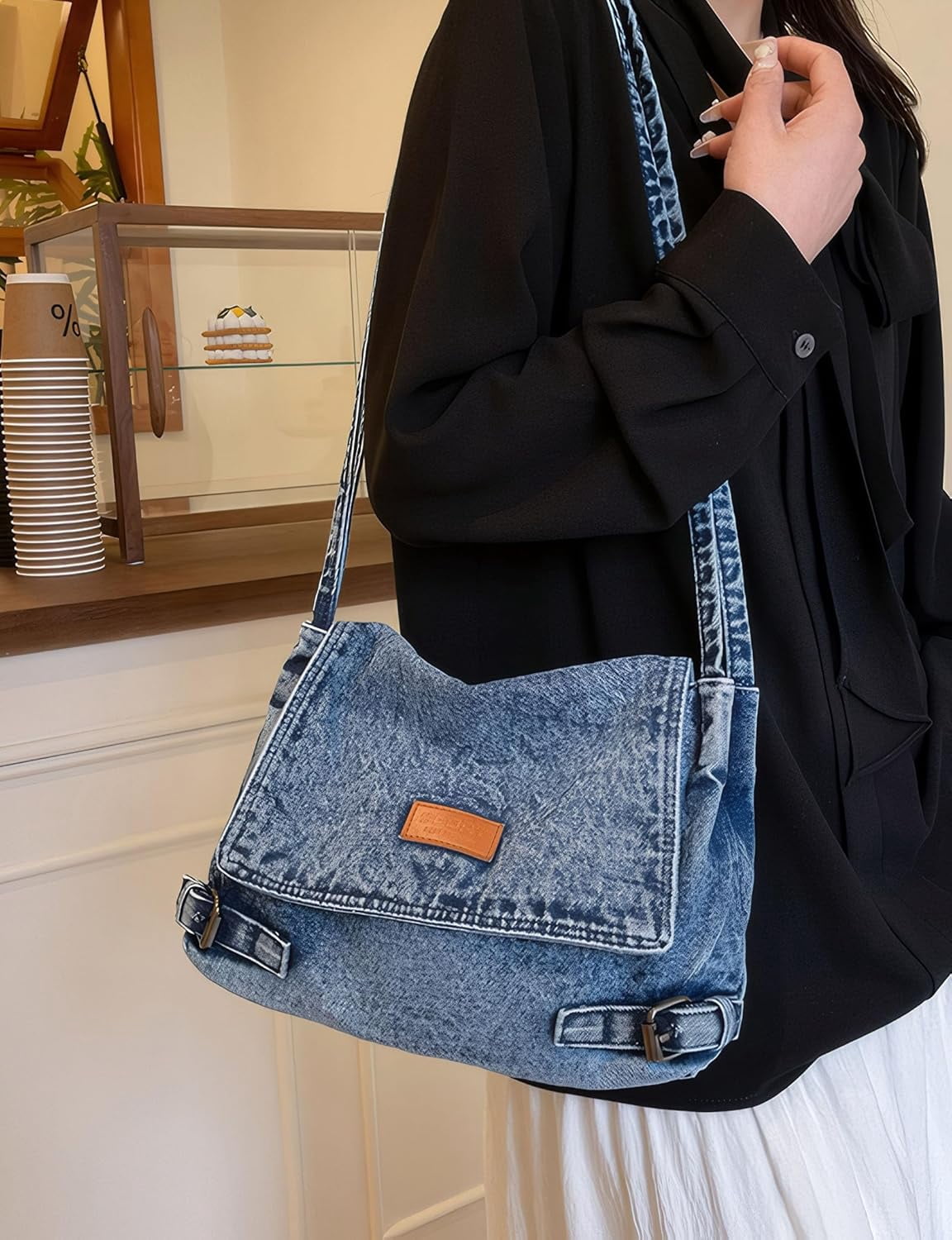 Denim Crossbody Bag for Women，Jean Messenger Purse Shoulder with Adjustable Strap
