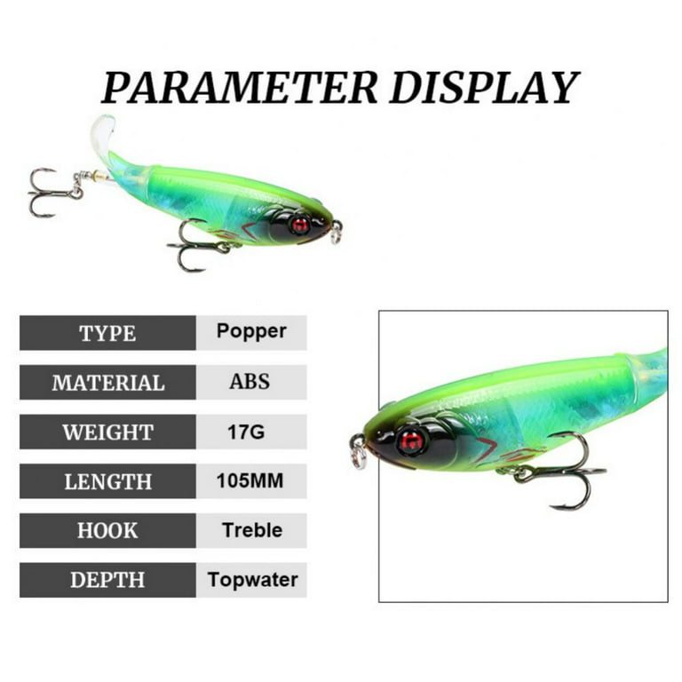 Whopper Popper Topwater Fishing Lure Artificial Hard Bait 3D Eyes Plopper with Soft Rotating Tail Fishing Tackle, Blue