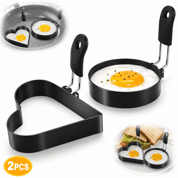 Emlimny Round Heart Egg Rings Set with Silicone Handle, Stainless Steel Egg Cooking Rings,Nonstick,For Frying Eggs and Egg Mcmuffins, Egg Mold For Breakfast