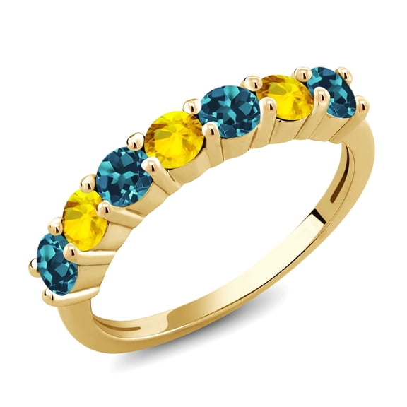 Gem Stone King 18K Yellow Gold Plated Silver Round London Blue Topaz Yellow Sapphire Anniversary Ring for Women (1.36 Cttw, Gemstone Birthstone) (Size 7)