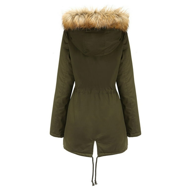 Frontwalk Ladies Mid Length Button Down Overcoat Full Zip Plush Parka  Jackets Faux Fur Lined Winter Warm Outwear Military Green S 
