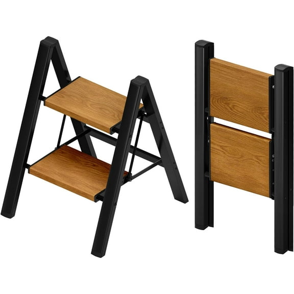 2 Step Ladder,Aluminum Lightweight Folding 2 Step Stool with Anti-Slip Wide Pedal, 330lbs Capacity Step Ladder for Household,Kitchen,Office - BlackWoodgrain