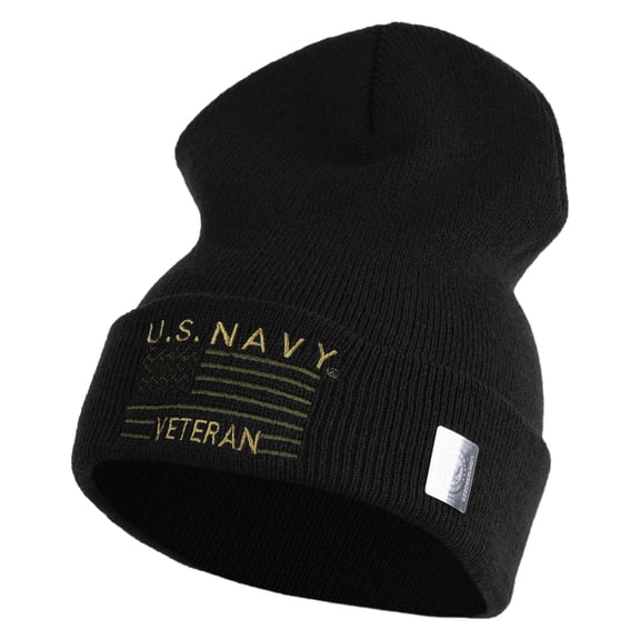 U.S. Navy Veteran Embroidered 12 inch Cuffed Knit YP Long Beanie - Black OSFM