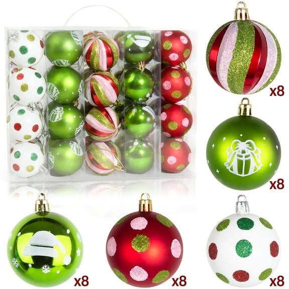 Sinkoo 40pcs Christmas Ornaments for Christmas Tree, 2.4" Glittering Red Green White Christmas Balls, Shatterproof Hanging Decor for Home Party Decor