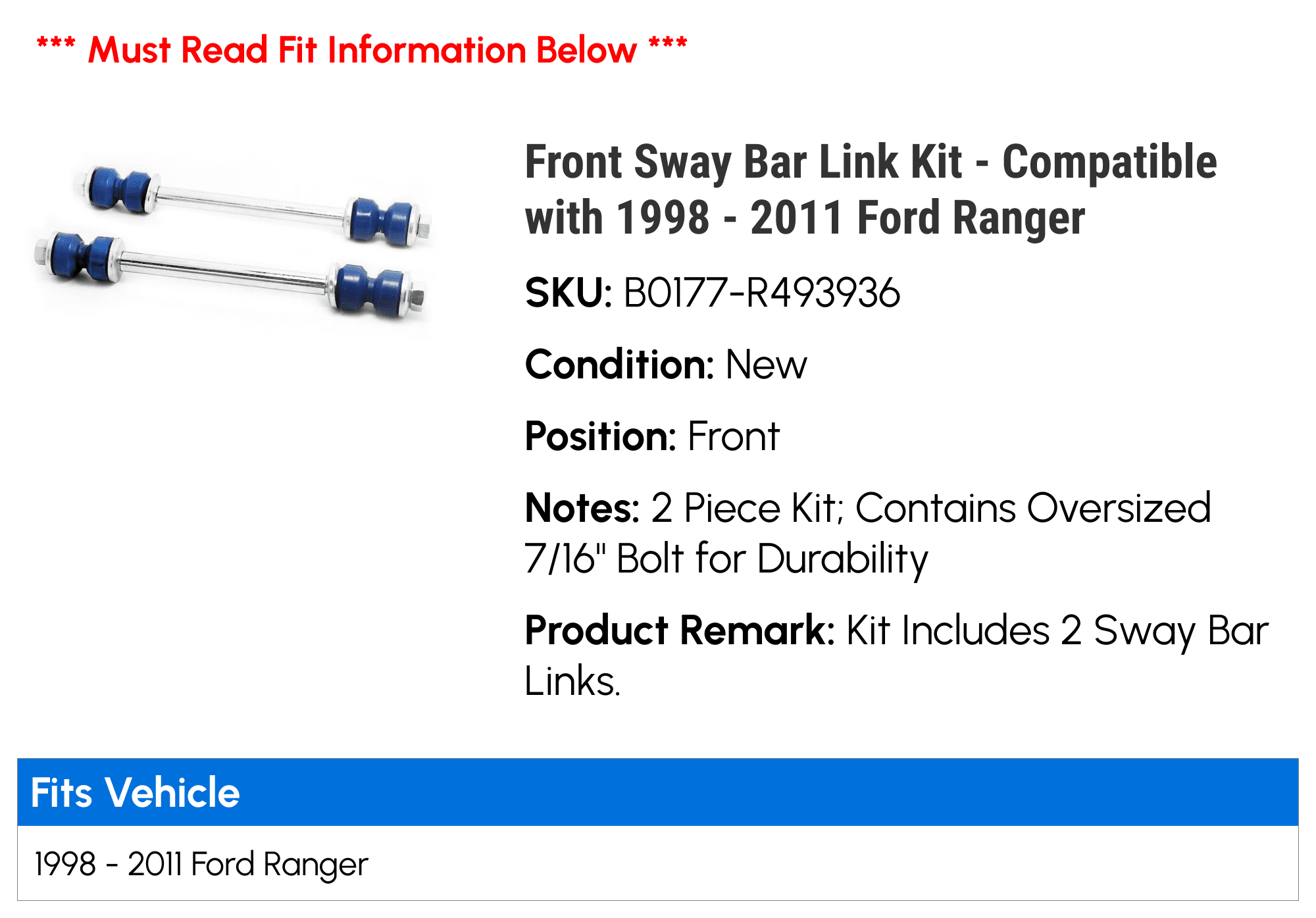 Front Sway Bar Link Kit - Compatible with 1998 - 2011 Ford Ranger - Replacement