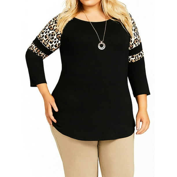 Newonne - Newonne Women's Plus Size Leopard Print 3/4 Sleeve Irregular ...