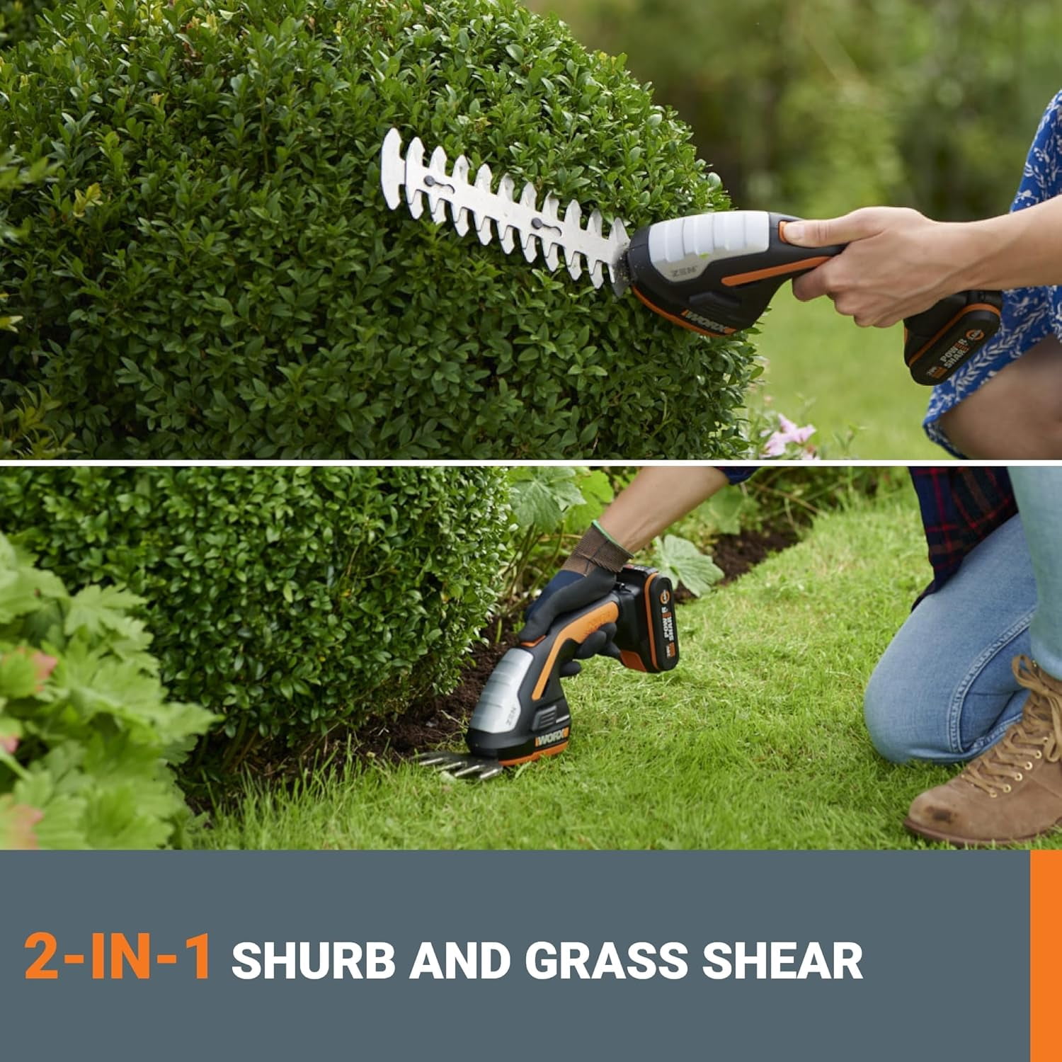 2-in-1 Cordless Hedge Trimmer, 8" Shrubber & 4" Grass Shear with Battery Charger