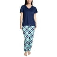 thumbnail image 3 of Hanes Women's Step Into Spring Short Sleeve V-neck Top and Jogger Sleep and Lounge Set, Navy/Plaid, Petite/X-Small, 3 of 4