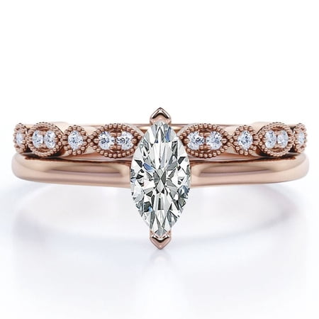 JeenMata 1.75 Carat Marquise Cut Solitaire Ring - Art Deco Scalloped Wedding Set - 18K Rose Gold Plating over Silver