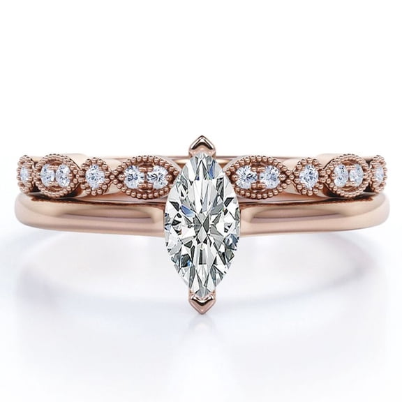 JeenMata 1.75 Carat Marquise Cut Solitaire Ring - Art Deco Scalloped Wedding Set - 18K Rose Gold Plating over Silver