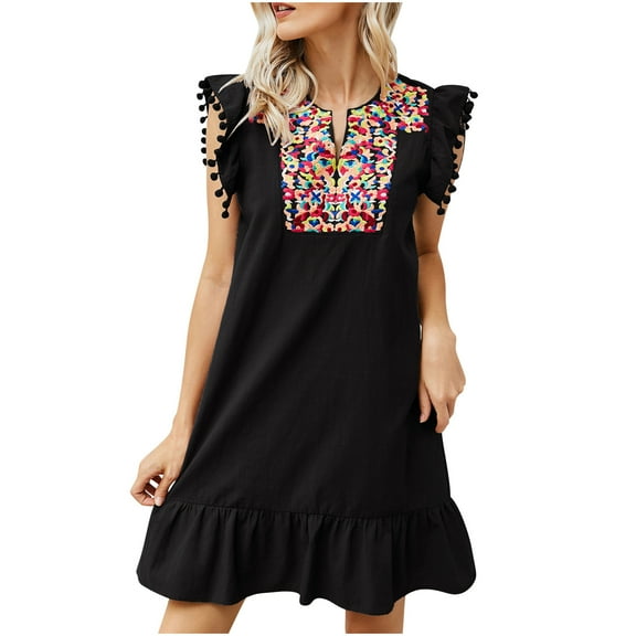 ZVNAΖH Women's Casual Summer Sleeveless Boho Floral Embroidered Mini Dress Loose Babydoll Short Shift Dresses