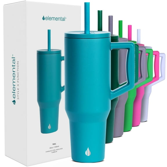 Elemental Commuter 40 oz Tumbler with Handle and Straw Lid | Travel Coffee Mug Spill Resistant | Insulated Cup Stainless Steel Tumblers for Water, Smoothies, Milkshake and More | Teal