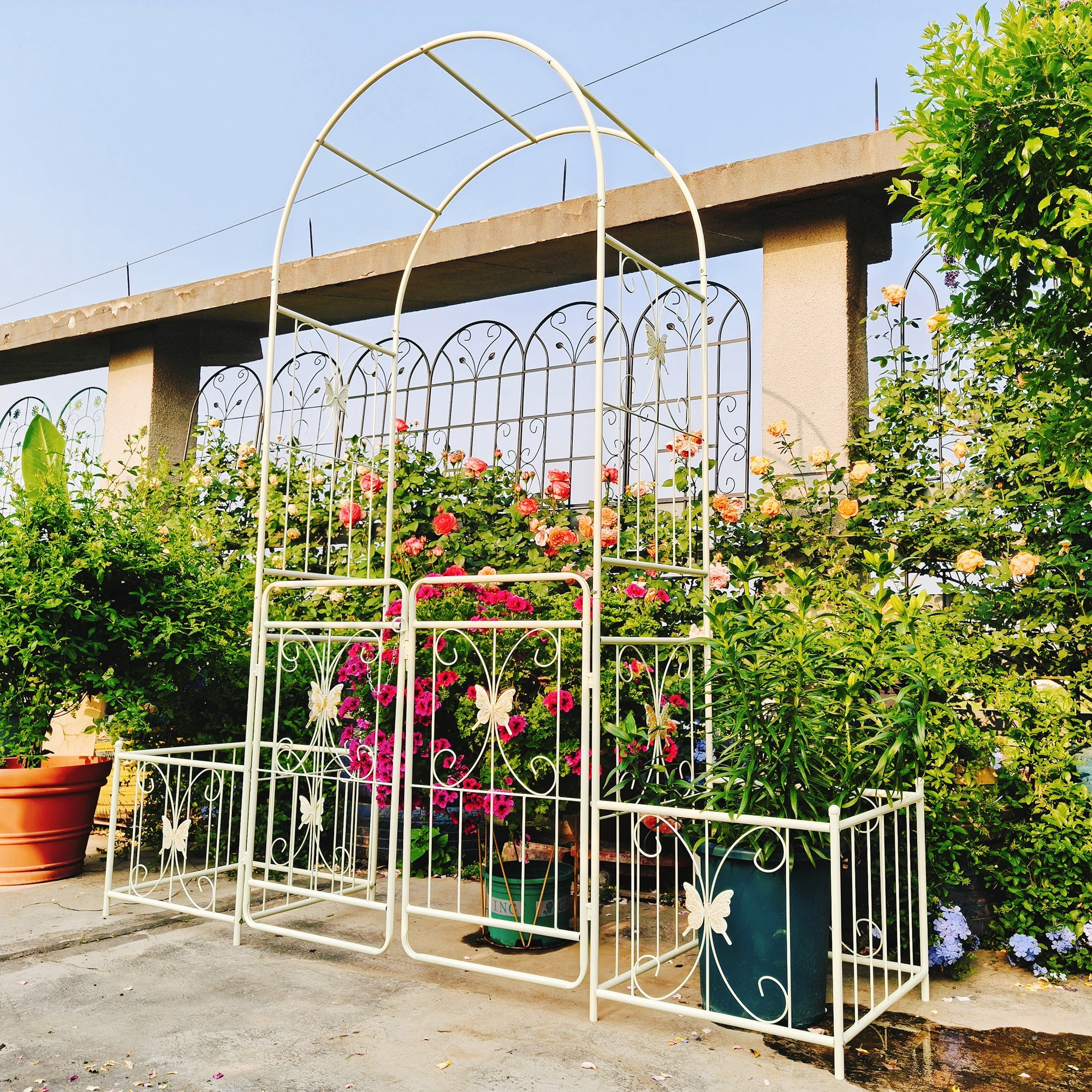 Garden Arch with Gate 79.5" Wide x 86.6" High Climbing Plants Support Rose Arch Outdoor Cream White
