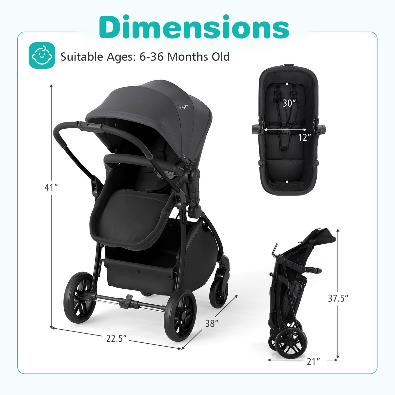 Babyjoy 2 in 1 Baby Stroller Folding High Landscape Pushchair with Bassinet Mode Gray
