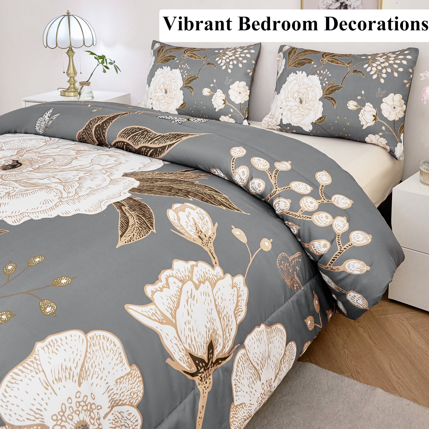 URBONUR 3 Pcs Floral Botanical Comforter Set Full Size White FLowers Bedding Set Gold Leaves Butterfly Printed on Grey Comforter Farmhouse Bedding Set for All Season