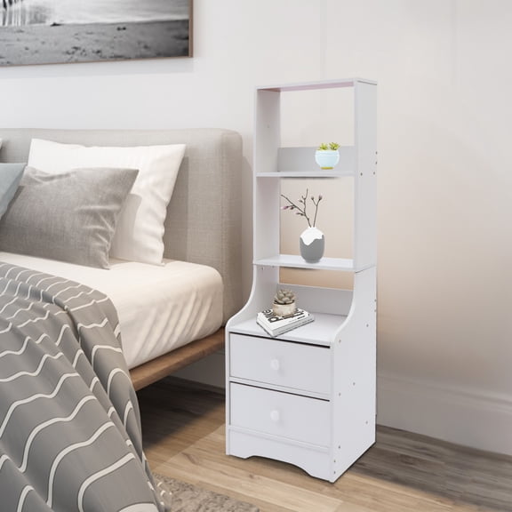 Nightstand Wood with 2 Drawers Tall 45", Modern Large Bedside Table with Storage Shelf Tall End Table for Bedroom, Hallway, Office, White