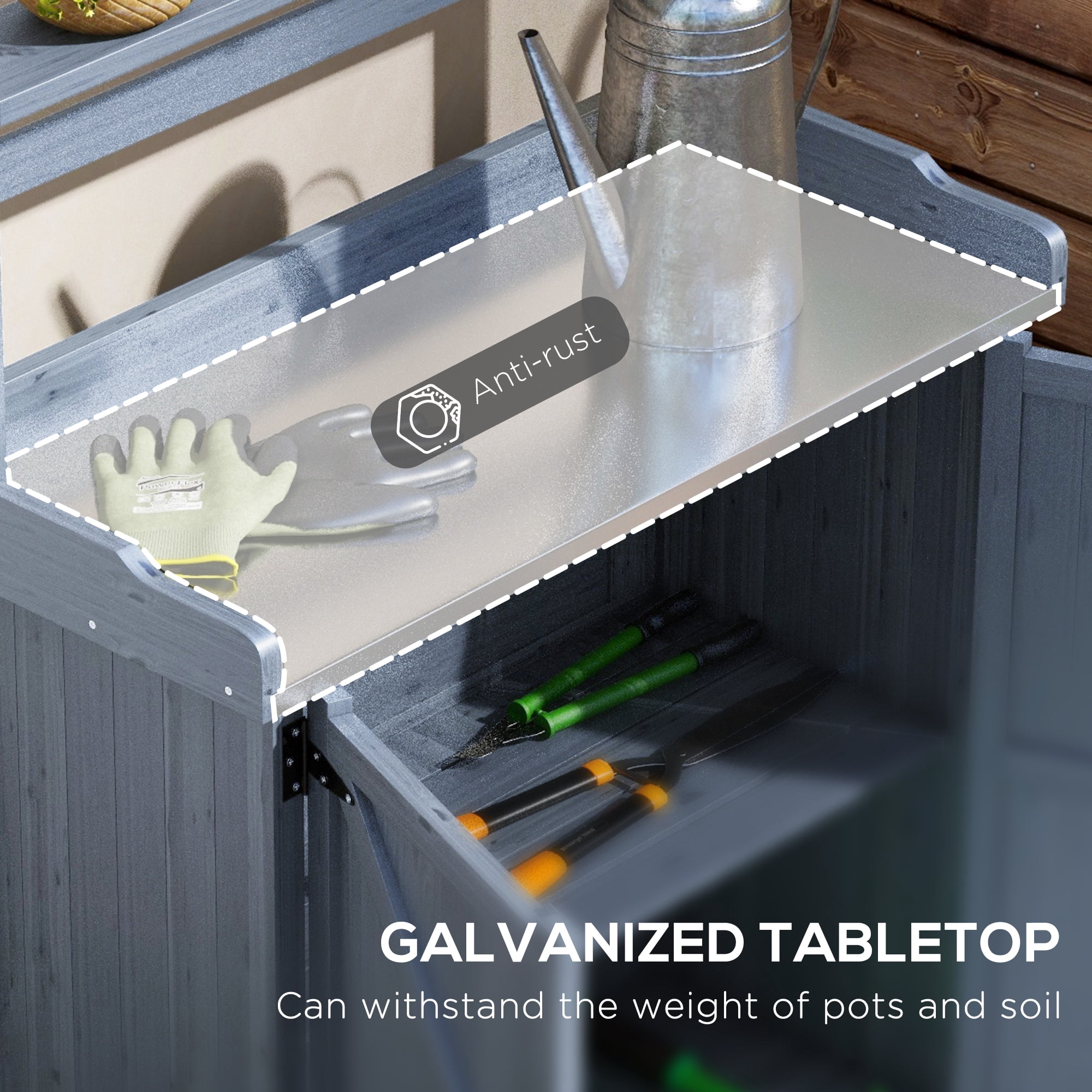 Potting Bench, Outdoor Wooden Potting Table with Storage Cabinet with 2 Shelves, Garden Work Bench with Galvanized Plated Tabletop for Backyard, Balcony, Gray
