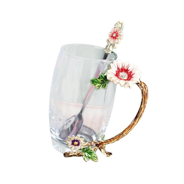 Taza de té con flores esmaltadas, tapa y asas, de vidrio borosilicato alto con cuchara. 12cmx6.5cmx12cm