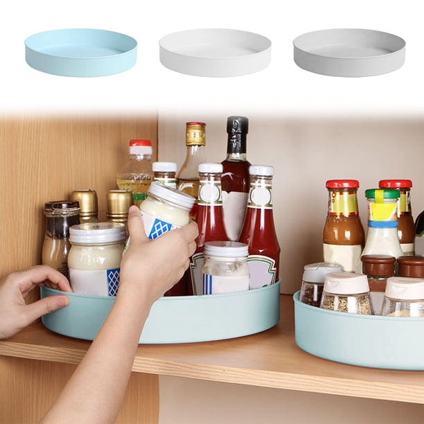 Organizador Giratorio de 360° para Cocina, Bandeja de Plástico Lazy Susan para Especias y Utensilios, Blanco, Azul y Gris.