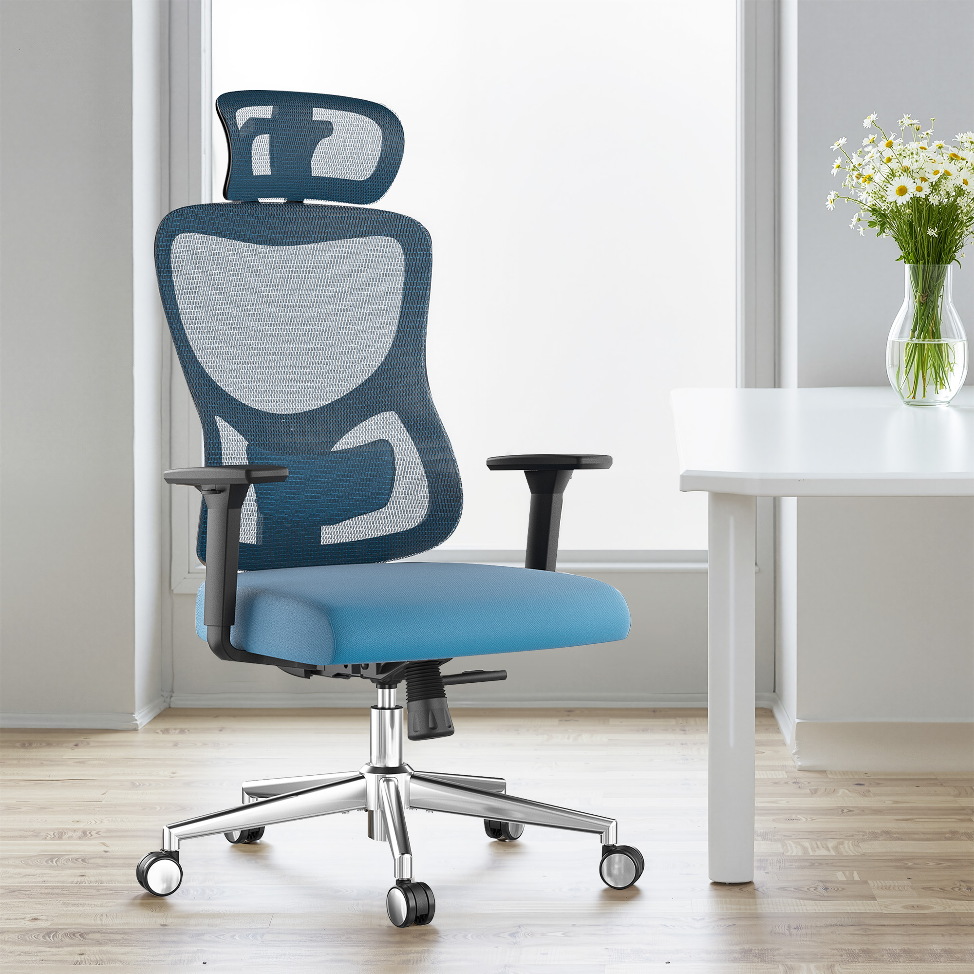 MAYEERTY Ergonomic Mesh Home Office Chair with Headrest, Adjustable Lumbar Support, 3D Armrests, Blue
