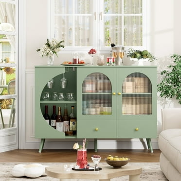 Homfa Bar Cabinet with Glass Cup Holders, Modern Sideboard with 2 Drawers for Living Kitchen Entryway, Green