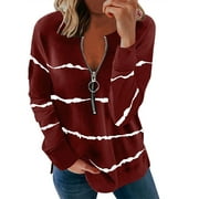 Lumento New Striped Pullover Tops Blouse for Women Autumn Fall Thin Casual Stylish Long Sleeve Shirt Zip Tops Wine Red S
