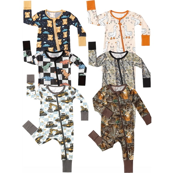 ATAIKU 3-24M Newborn Baby Zipper Footless Pajamas Bamboo Long Sleeve Footed Sleepers Sleep 'N Play for Infant Boys - 1PCS Gray Digger