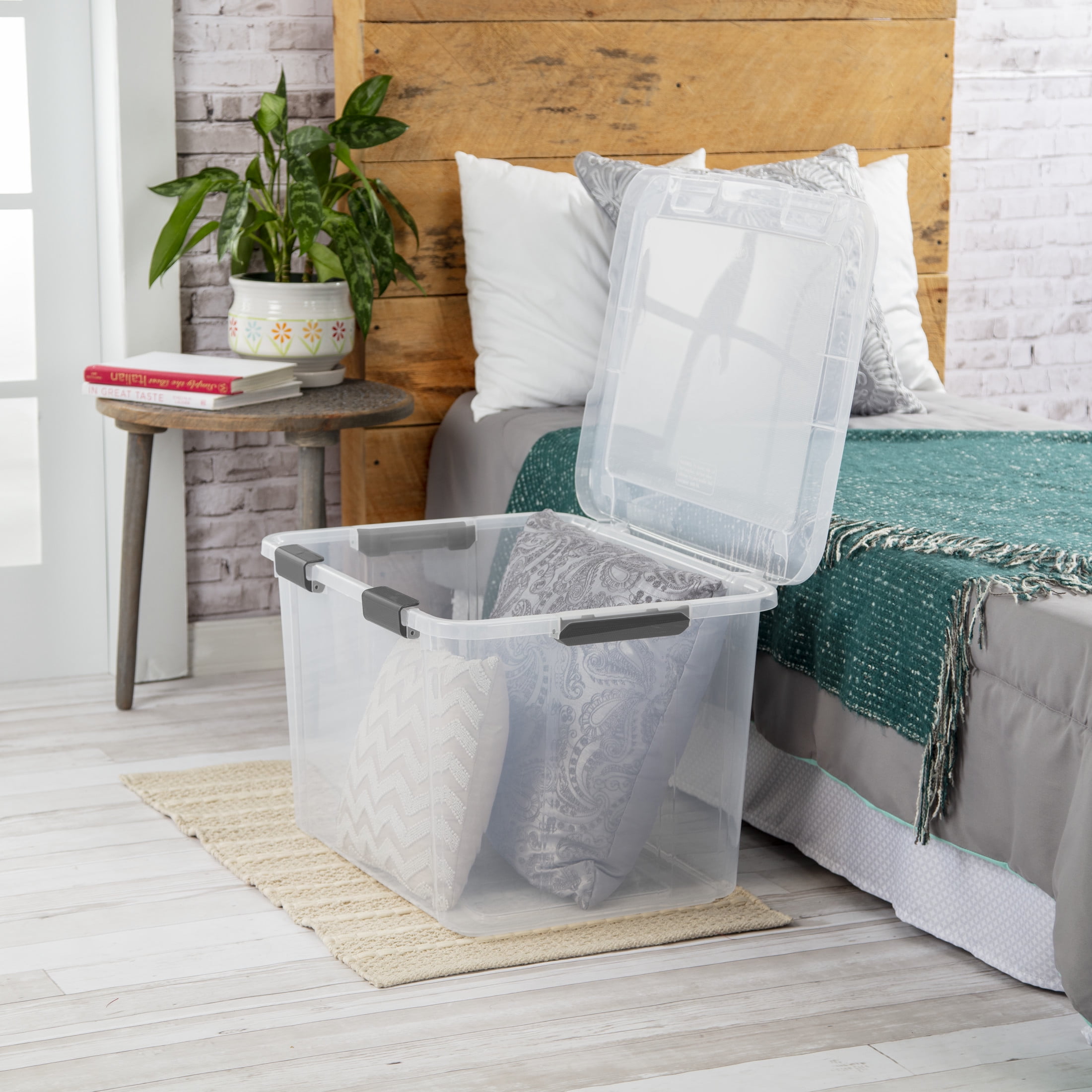 Sterilite 80 Quart HingeLID Clear Storage Bin with Latch Lid and Comfort Grip, Dark Gray, 4 Pack