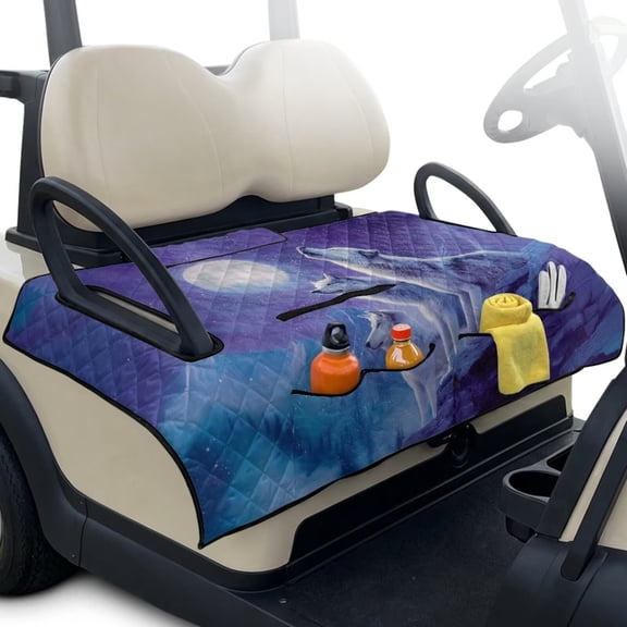Xixirimido Easy-carry Golf Cart Seat Covers, Portable Golf Cart Seat Towel Blanket Quilted with 4 Pockets Fits for EZGO, Yamaha, Club Car & More 2-Seat Carts, Wolves Moon Galaxy