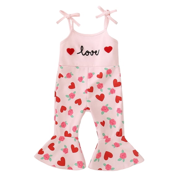 Staki Valentines Day Outfit Toddler Girl Toddler Baby Girl Valentines Day Outfit Love Sleeveless Tie-up Suspender Romper Bell Bottom Pants Spring Jumpsuit 6-24M 2-4T(Red,2-3 Years)