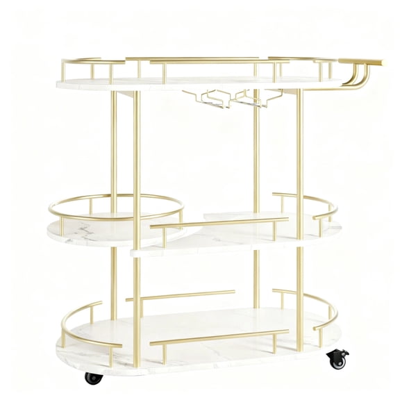 Garvee Bar Serving Cart with 3-Tier Storage Shelves, Wine Rack, Glass Holder, Golden and White