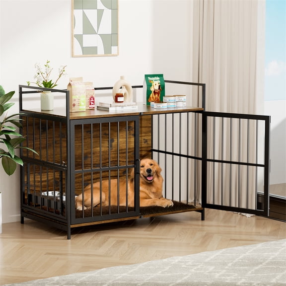 Dog Cage Furniture with Cushion, Dog Kennel Indoor with Rotating Feeder Bowls, Heavy Duty Indoor Puppy Cage Kennel for Medium to Large Dogs, 41" L X 23.6" W 35.8" H