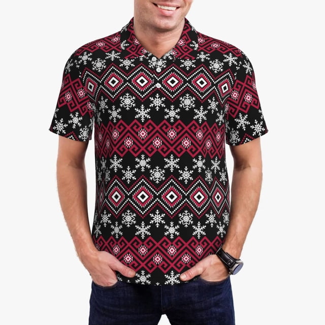 Fotbe red Minimalist Snowflake Camiseta Polo de Golf para Hombre con Estampado – Camisa Deportiva Transpirable con Cuello Abotonado-Large