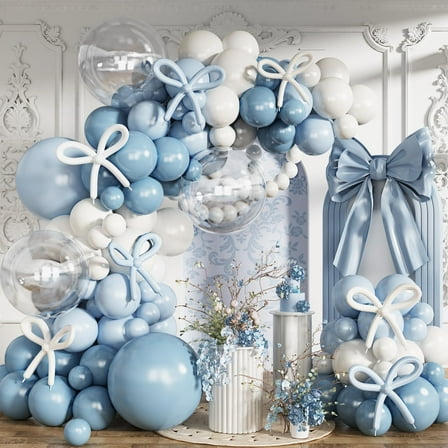 Dusty Blue Balloons Arch Kit, 134 Pcs Muted Light Baby Slate Blue and White Balloon Garland mit 18 Inch Pale Clear Balloon *5, Long Balloon as Bow Decor