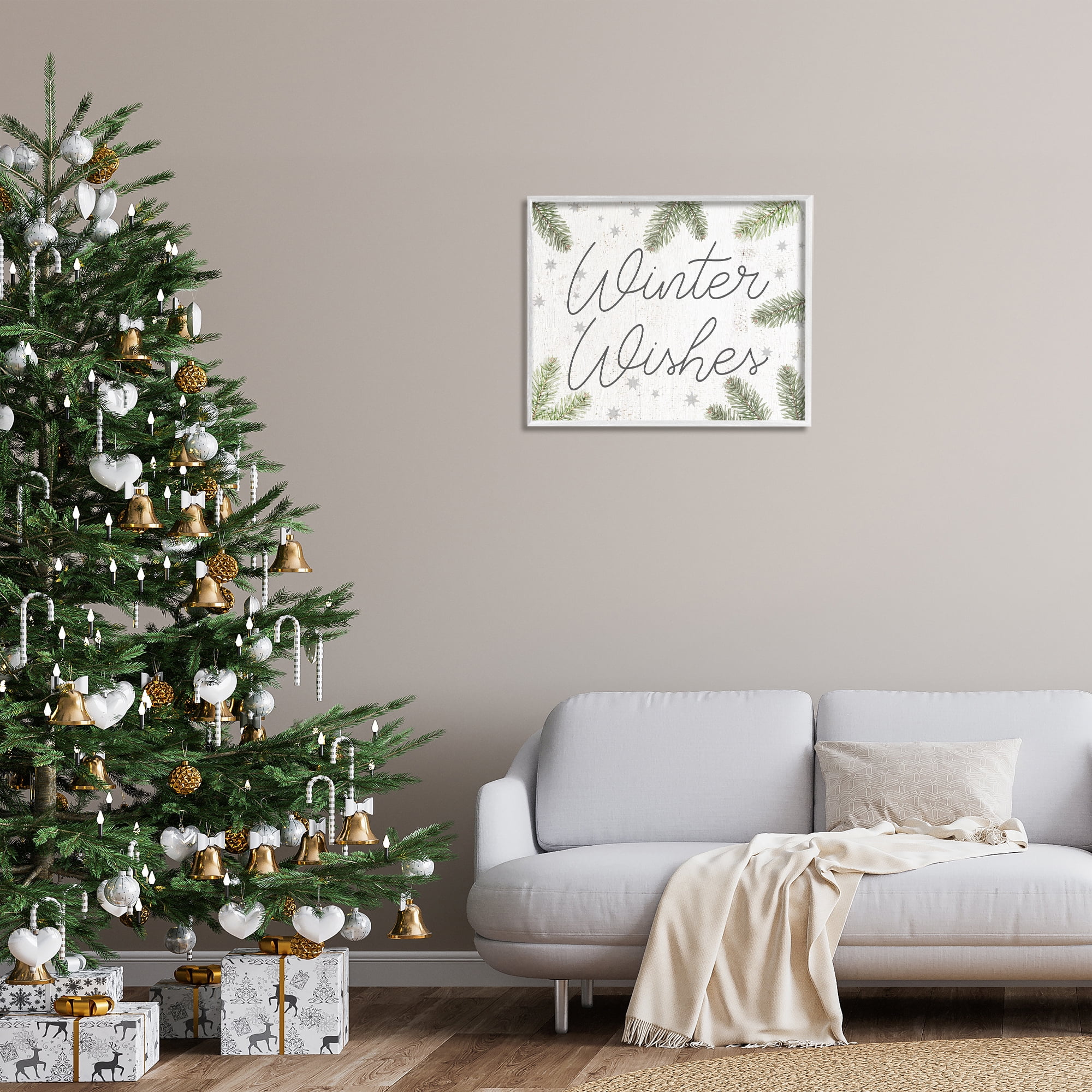 Stupell Industries Winter Wishes with Sprigs Holiday Painting White Framed Art Prints Wall Art, 30 x 24