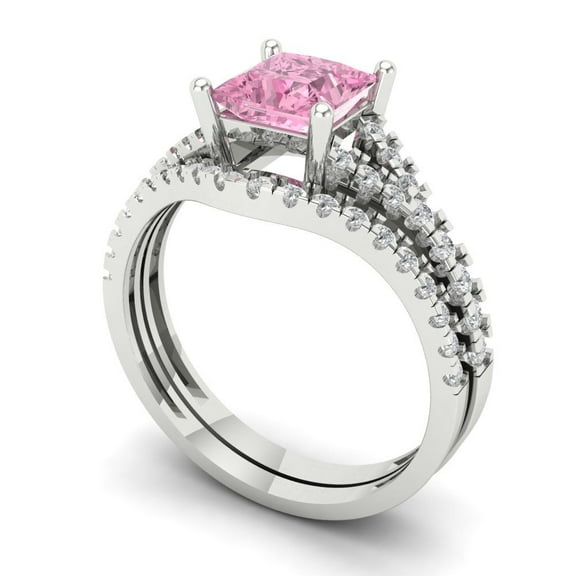 Clara Pucci 18K White Gold 3.4 Simulated Pink Diamond Engraveable Engagement Ring   Wedding Band Set