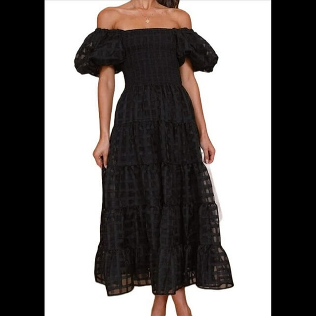 Vestidos Largos de Mujer con Escote Cuadrado, Corta Abullonada y Fruncido, Corte A, con y Fruncido. Negro M