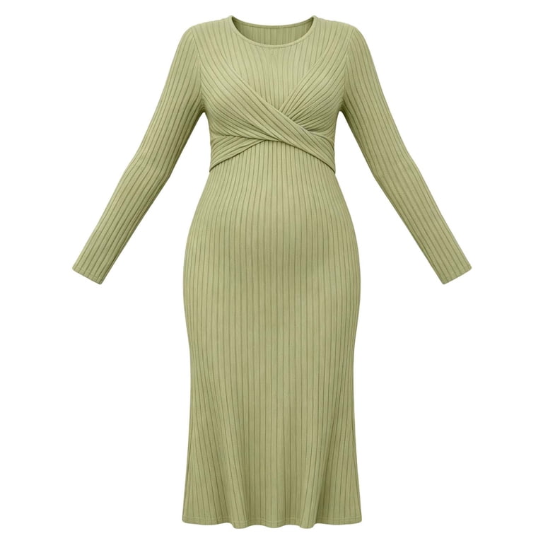 Womens Maternity Sweater Dress Twist Front Ribbed Knit Soft Bodycon Midi Dress Long Sleeve Pregnancy Clothes (L, Green 01)