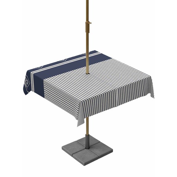 Outdoor Tablecloth with Umbrella Hole for Patio/Picnic/Party/Camping, Navy Blue Striped Waterproof Table Cloth Square Cover Washable, Contemporary Geometric Art Rustic (60"x 60")
